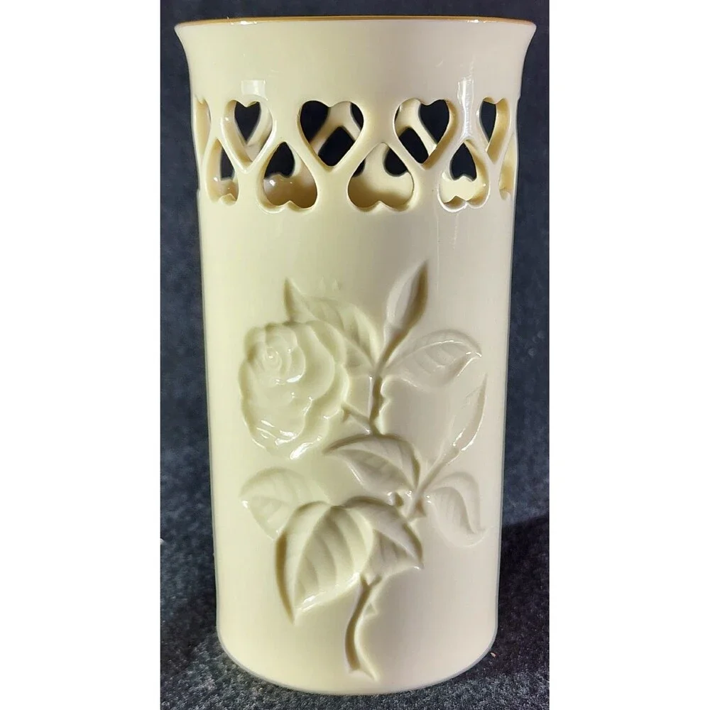 Vintage ~ Lenox Intaglio Rose Pierced Hearts Vase with Gold trim/stamp. Made USA